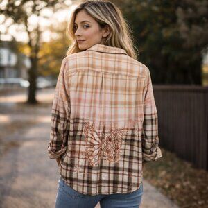 Unisex St John's Bay Bleach Plaid Cotton Flannel Button Shirt Men XL Brown Red